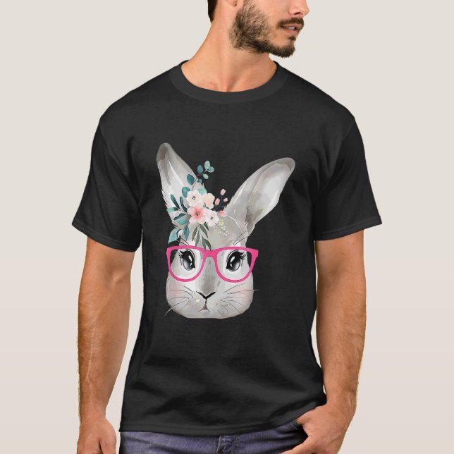 Camiseta Floral De Conejo De Pascua Con Gafas Rosadas Hermo (Anverso)