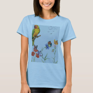 camiseta floral de loro y mariposas