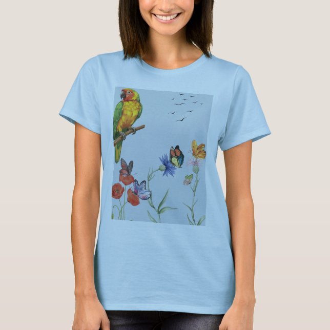 camiseta floral de loro y mariposas (Anverso)