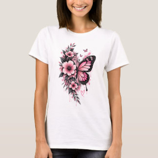 Camiseta floral de mariposa rosa | Flor femenina A