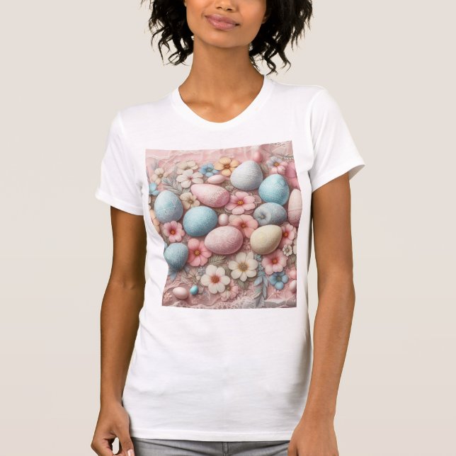 Camiseta Floral encaje rosa pastel huevos de Pascua y flore (Anverso)