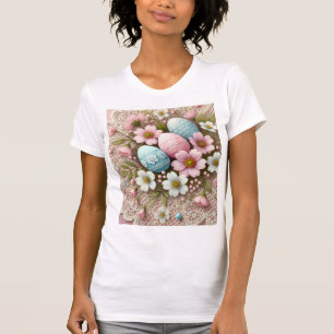 Camiseta Floral encaje rosa pastel huevos de Pascua y flore