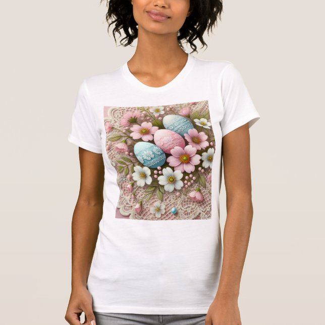 Camiseta Floral encaje rosa pastel huevos de Pascua y flore (Anverso)