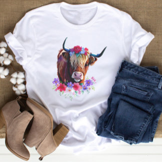 Camiseta Floral Escocia acuarela vaca de montaña