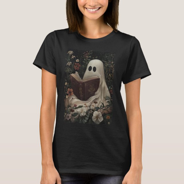 Camiseta Floral Fantasma libro de lectura Halloween disstum (Anverso)