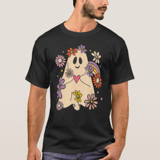 Camiseta Floral Ghost Groovy Halloween Retro Flowers Rainbo