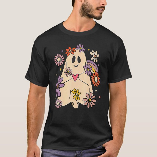 Camiseta Floral Ghost Groovy Halloween Retro Flowers Rainbo (Anverso)