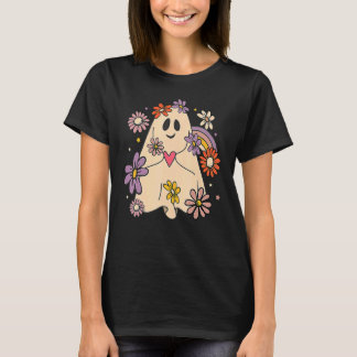 Camiseta Floral Ghost Groovy Halloween Retro Flowers Rainbo