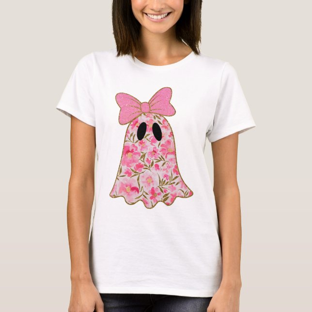 Camiseta Floral Ghost T-Shirt – Cute Pink & Gold Glitter  (Anverso)