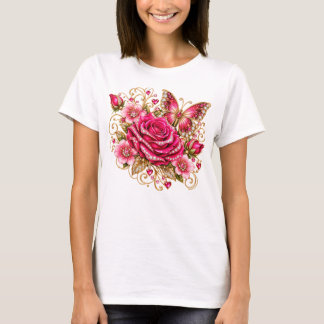 Camiseta floral glamurosa de mariposa y rosa rosa