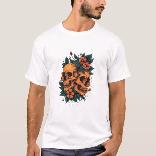 Camiseta Floral Gótica de Cráneos Gemelos