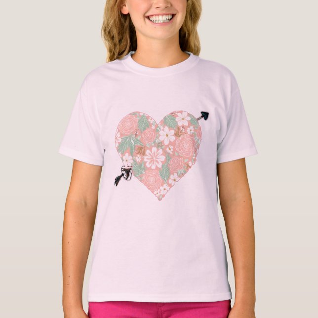 Camiseta Floral Heart Arrow Gráfica Tee Stylish T-Shirt (Anverso)