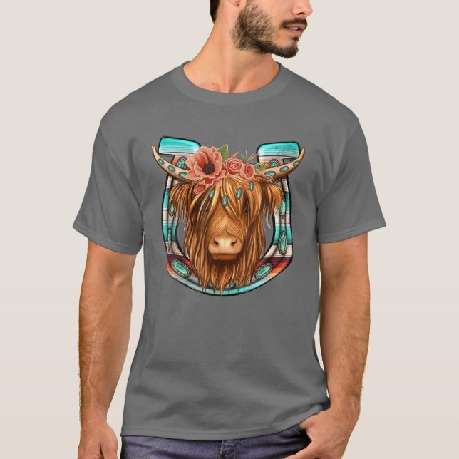 Camiseta Floral Highland Cow Heifer Horseshoe Western Count (Anverso)