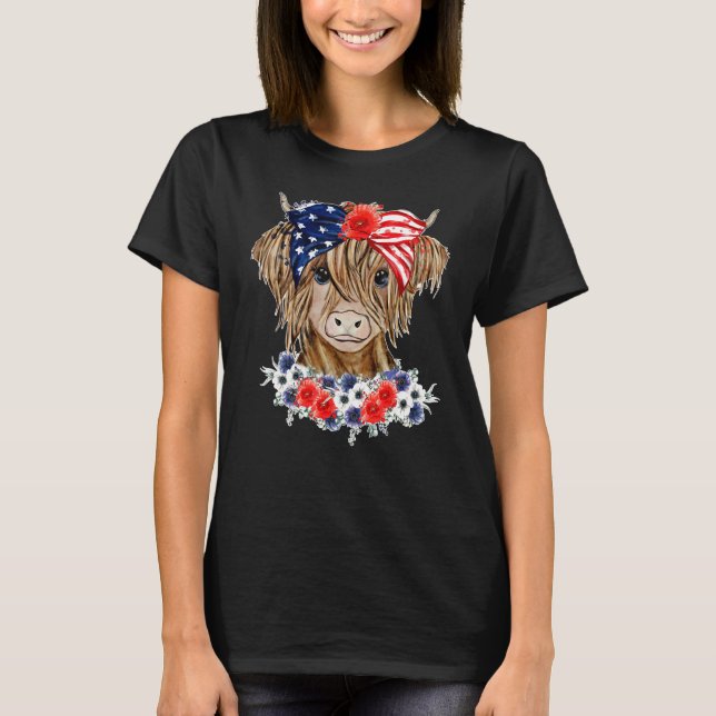 Camiseta Floral Highland Cow Heifer Western Patriotic US Fl (Anverso)