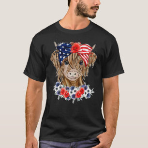 Camiseta Floral Highland Cow Heifer Western Patriotic US Fl