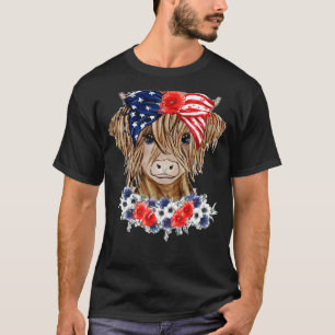 Camiseta Floral Highland Cow Heifer Western Patriotic US Fl