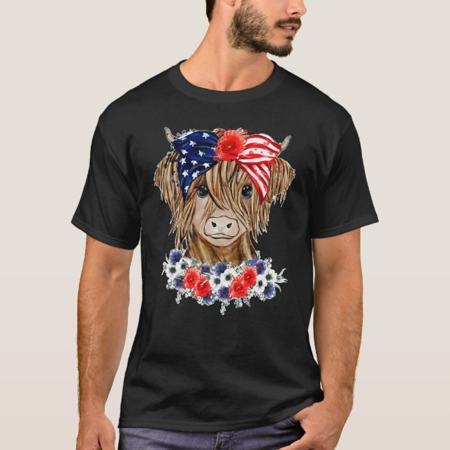 Camiseta Floral Highland Cow Heifer Western Patriotic US Fl (Anverso)
