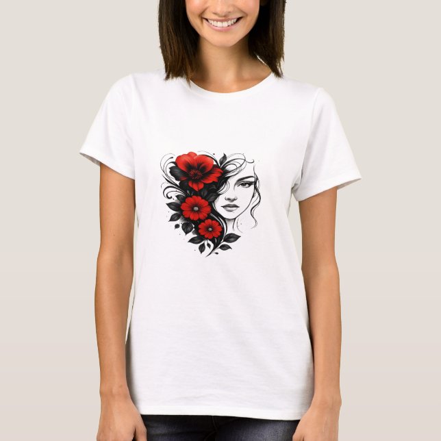 Camiseta Floral Ink Beauty – Red & Black Tattoo Art (Anverso)