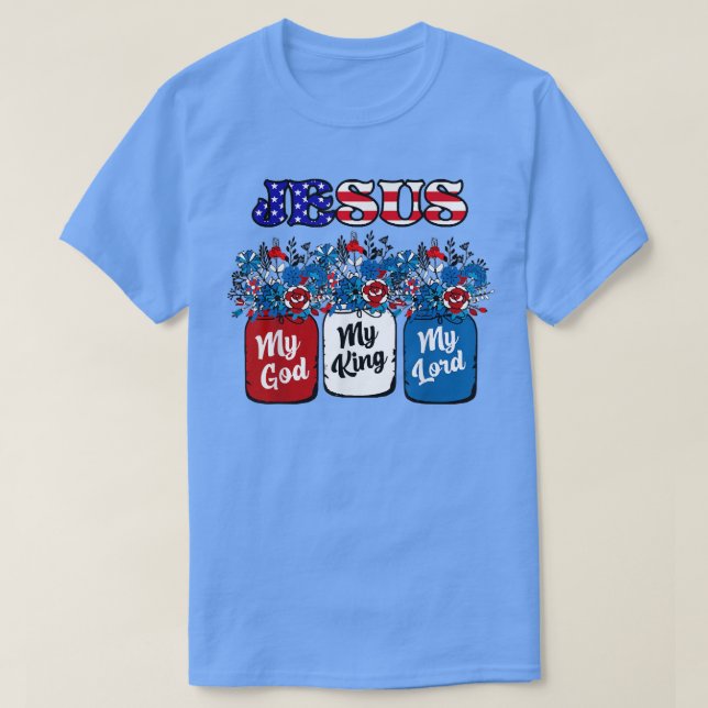 Camiseta Floral Jesús Dios mío Rey Mi Señor, Rojo Azul Blan (Diseño del anverso)