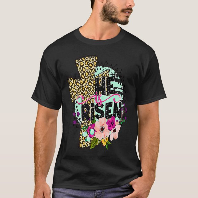 Camiseta Floral Leopard Cross He Risen Jesus Faith Christ G (Anverso)