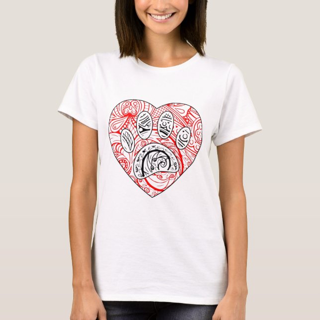 Camiseta Floral Mandala Perro Paw Imprimir Corazón Rojo (Anverso)