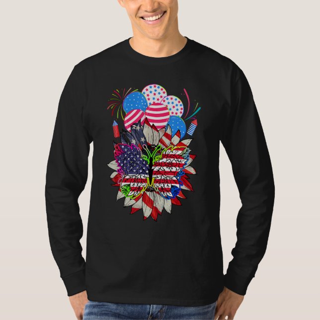 Camiseta Floral Monarch Butterfly American Flag 4th Of July (Anverso)