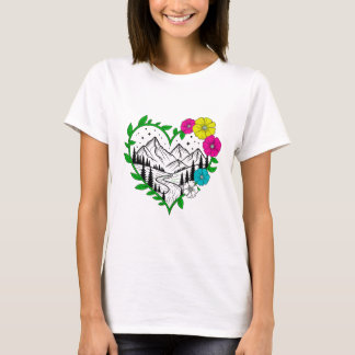 Camiseta Floral Mountain Heart Scenic Nature Landscape Art