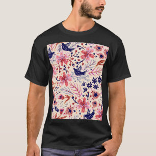 Camiseta Floral, pájaros, vintage sin costuras.