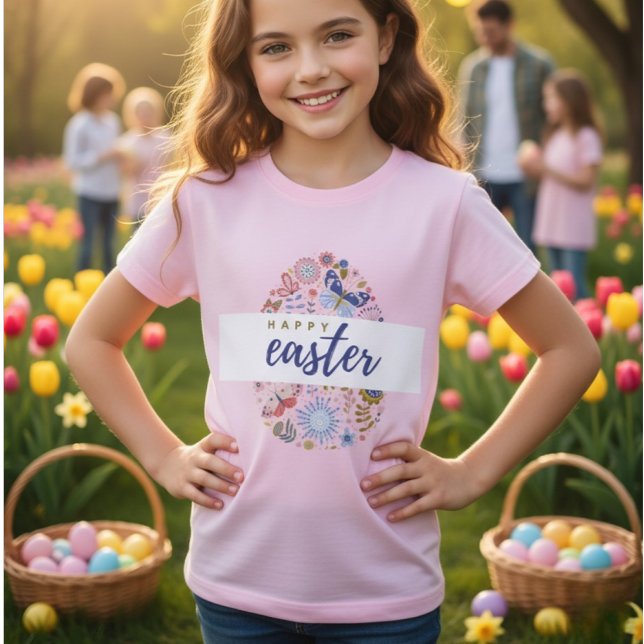 Camiseta Floral Pattern Egg Happy Easter Girls T-Shirt (Subido por el creador)