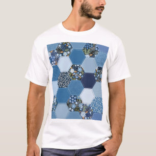 Camiseta Floral, retazos denim: patrón azul.