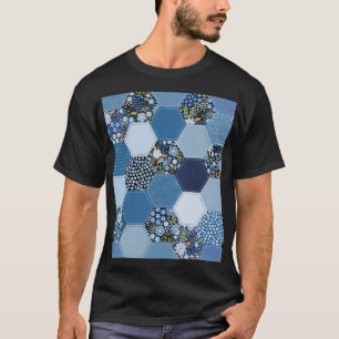 Camiseta Floral, retazos denim: patrón azul.