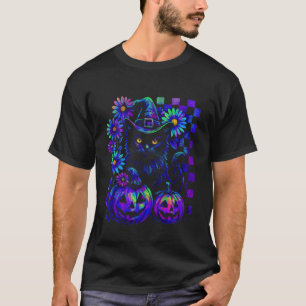 Camiseta Floral Retro a Cuadros y Gato Bruja con Calabazas
