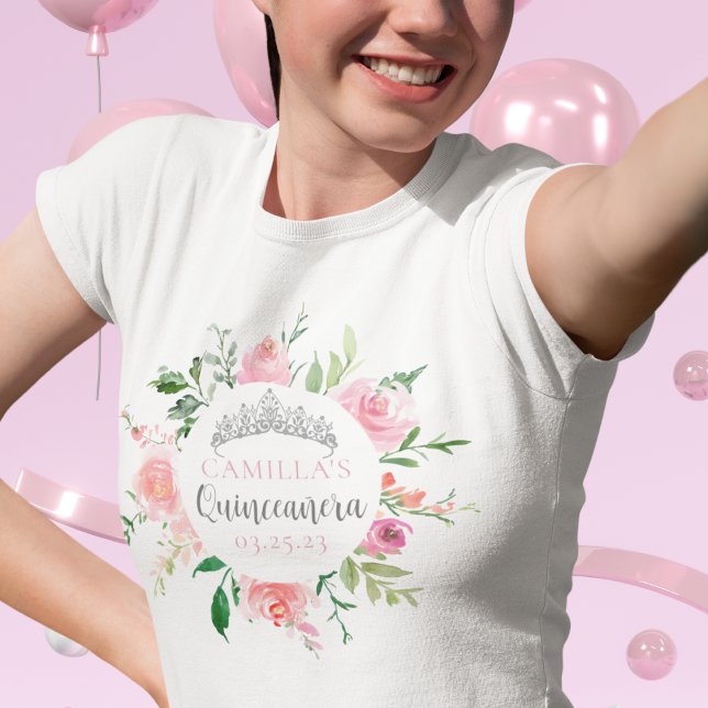 Camiseta Floral rosa Quinceañera Plata Tiara Personalizada (Subido por el creador)