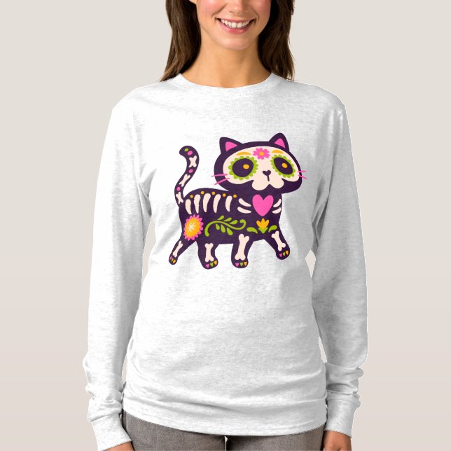 Camiseta Floral Skeleton Cat Delight (Anverso)