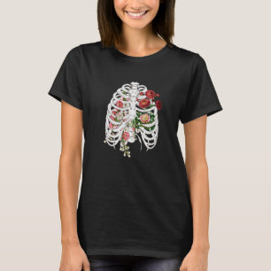 Camiseta Floral Skeleton X Ray Ribcage Flower Gótico Hallow