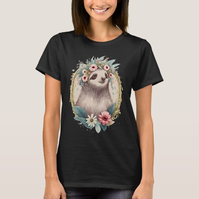 Camiseta Floral Sloth Flower Crown Cute Watercolor (Anverso)