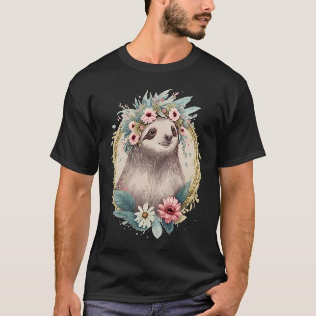 Camiseta Floral Sloth Flower Crown Cute Watercolor (Anverso)