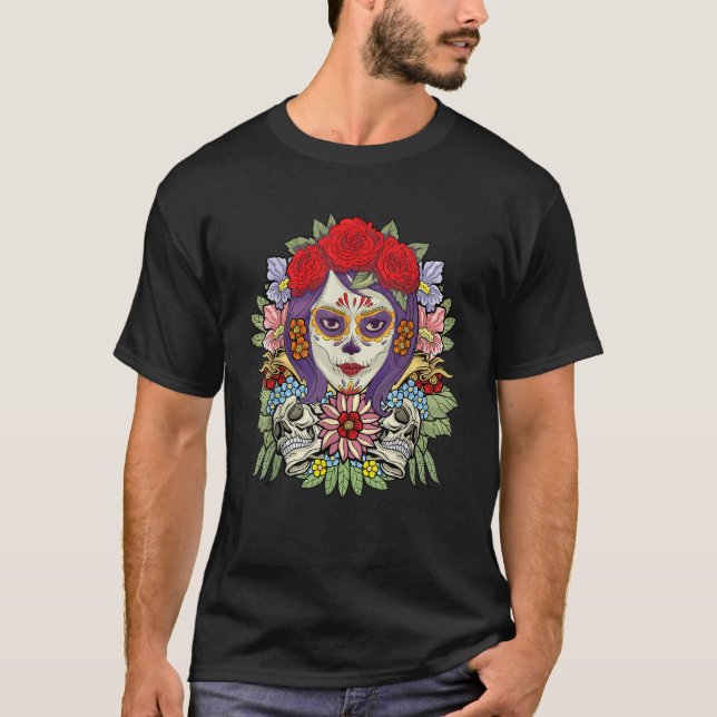 Camiseta Floral Sugar Skull Dia De Muertos Women (Anverso)