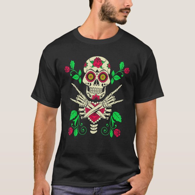 Camiseta Floral Sugar Skull Mexican Rock & Roll Skeleton Ha (Anverso)