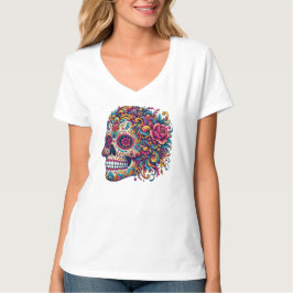 Camiseta Floral Sugar Skull Side Profile Mexican Art