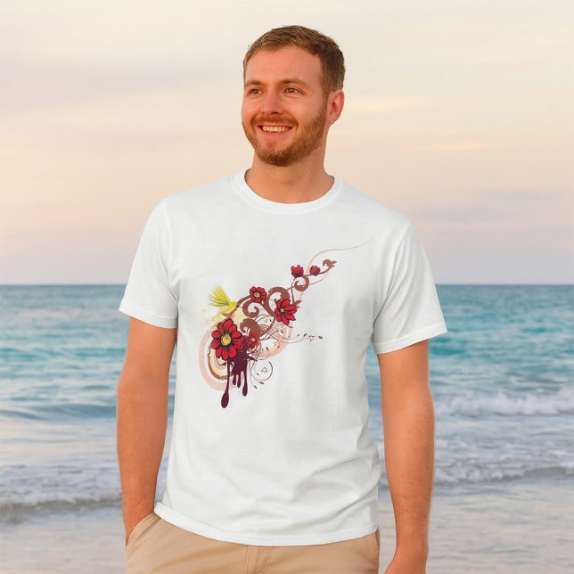 Camiseta Floral Swirl con flores rojas y colibrí (Subido por el creador)