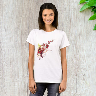 Camiseta Floral Swirl con flores rojas y colibrí