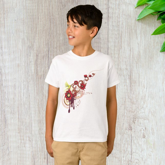 Camiseta Floral Swirl con flores rojas y colibrí (Subido por el creador)