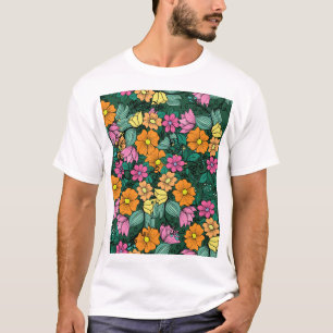 Camiseta Floral vibrante: Vintage de fondo verde.