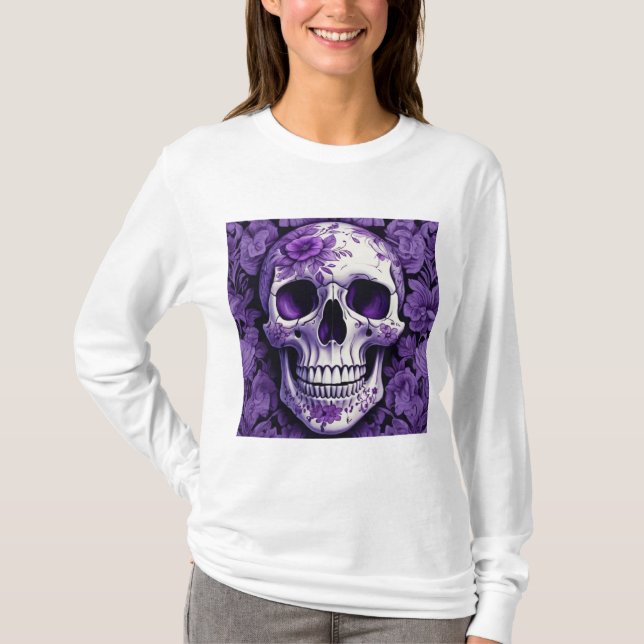 Camiseta Floral violeta 3D Cráneo muerto con flores violeta (Anverso)