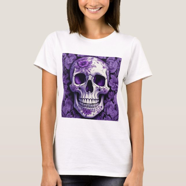 Camiseta Floral violeta 3D Cráneo muerto con flores violeta (Anverso)