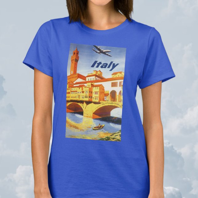 Camiseta Florence Italy Ponte Vecchio Bridge Viaje de Vinta (Vintage Travel Poster with an Airplane Flying Over Florence Firenze Italy Bridge and River T-Shirt)