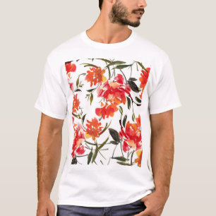 Camiseta Flores acuarelas, patrón impecable a mano.