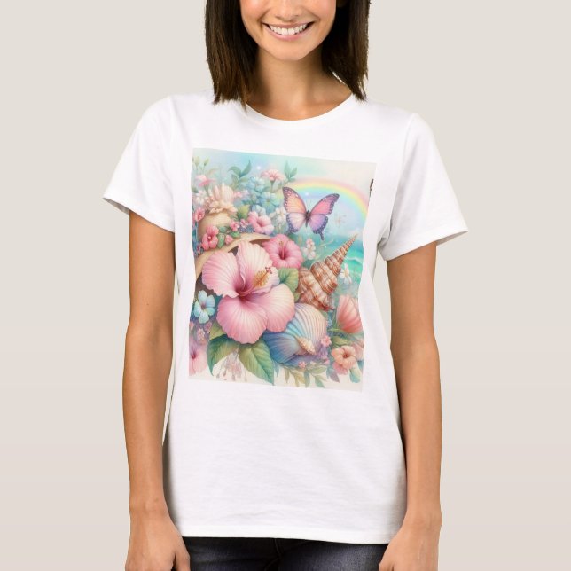 Camiseta Flores acuáticas, mar y conchas marinas en la play (Anverso)