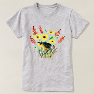 Camiseta Flores amarillo acuarela con gris pájaro